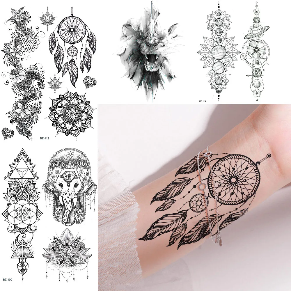 

Large Black Dreamcatcher Mandala Flower Waterproof Tattoos For Women Temporary Henna Fake Tattoos Stickers Body Custom Tatoos