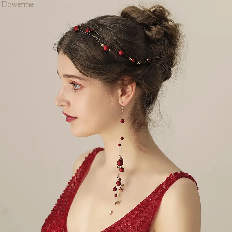

Dower me Red Pearls Women Prom Headband Tiara With Earrings Handmade Bridal Headpiece Wedding Accessories Hair Piece
