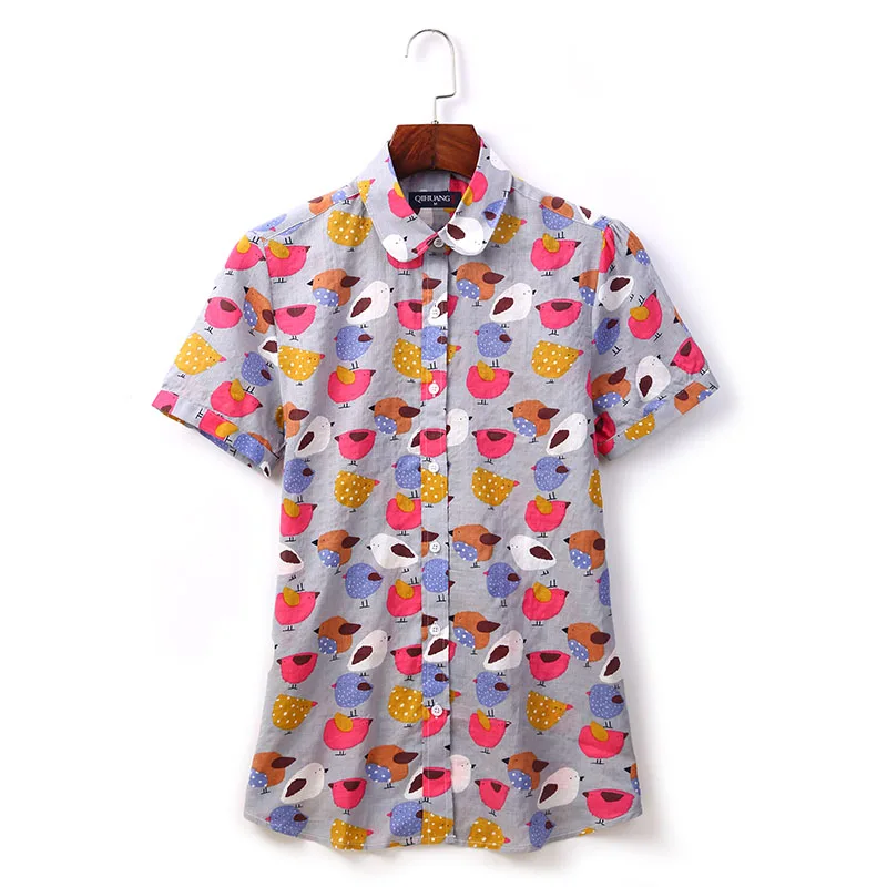 QIHUANG قصيرة كم قميص نسائي عارضة البلوزات القطن رفض طباعة قميص زائد حجم أزياء النساء قمم و بلوزة S-5XL