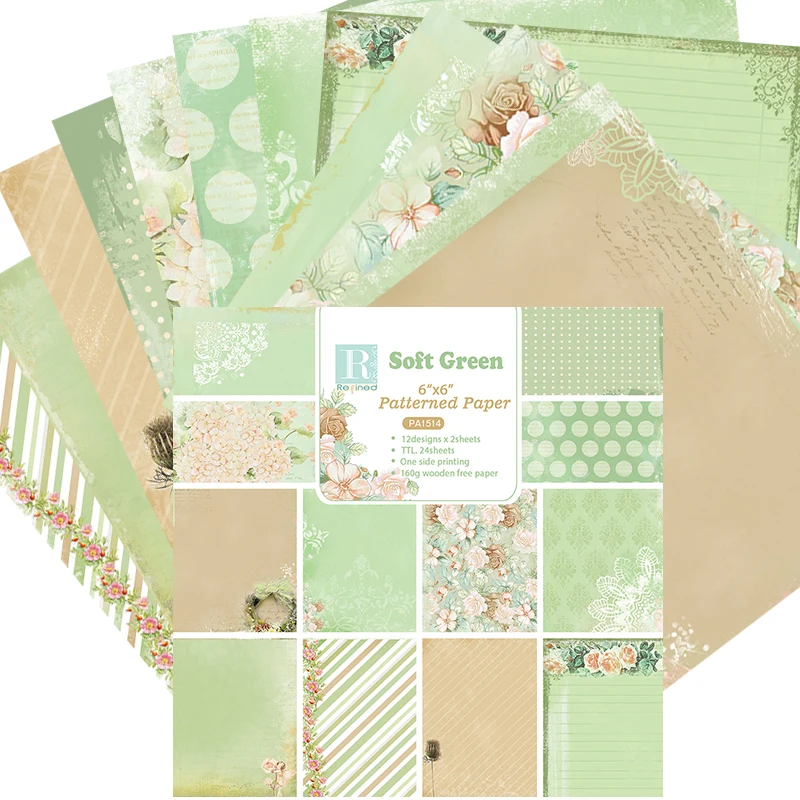 

24pcs 6" Single-side Soft green pattern creative papercraft art paper handmade scrapbooking kit set books