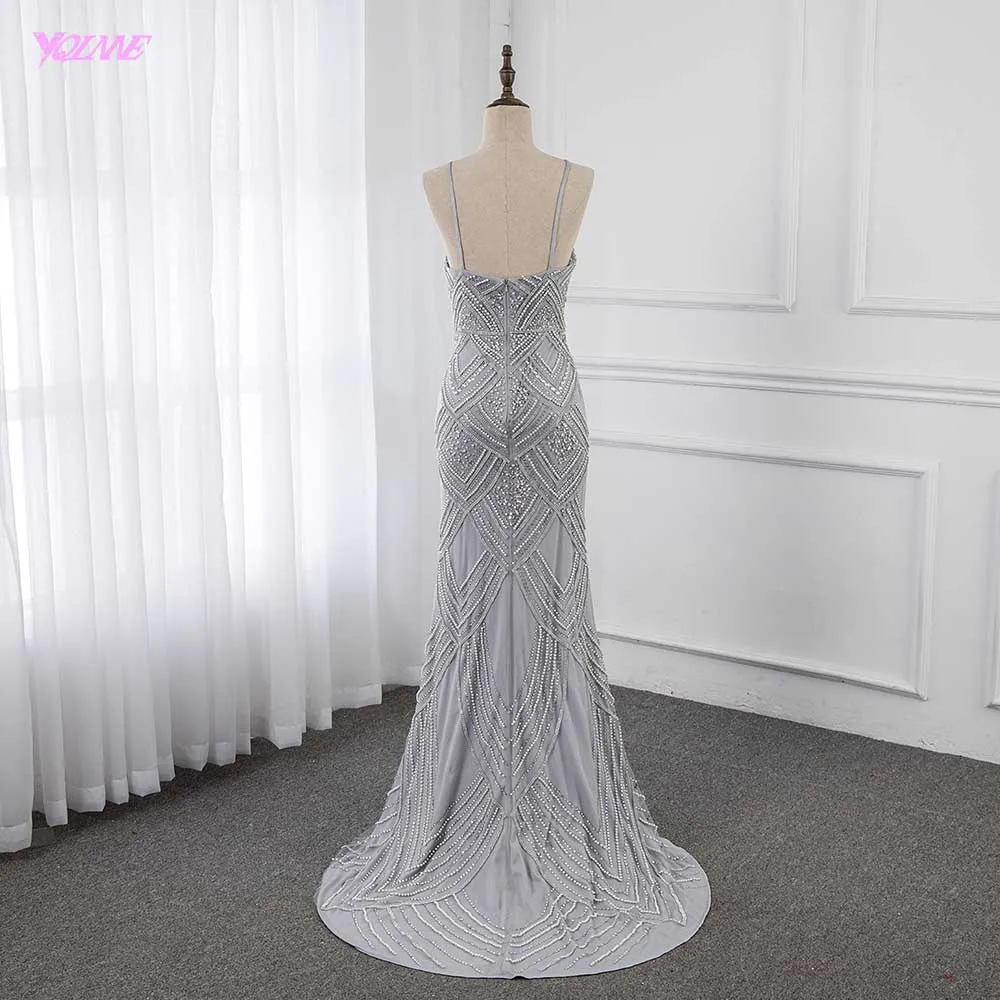 Silver Straps Evening Dresses Long Crystals Beaded Formal Gown Mermaid Zipper Back Robe De Soiree YQLNNE