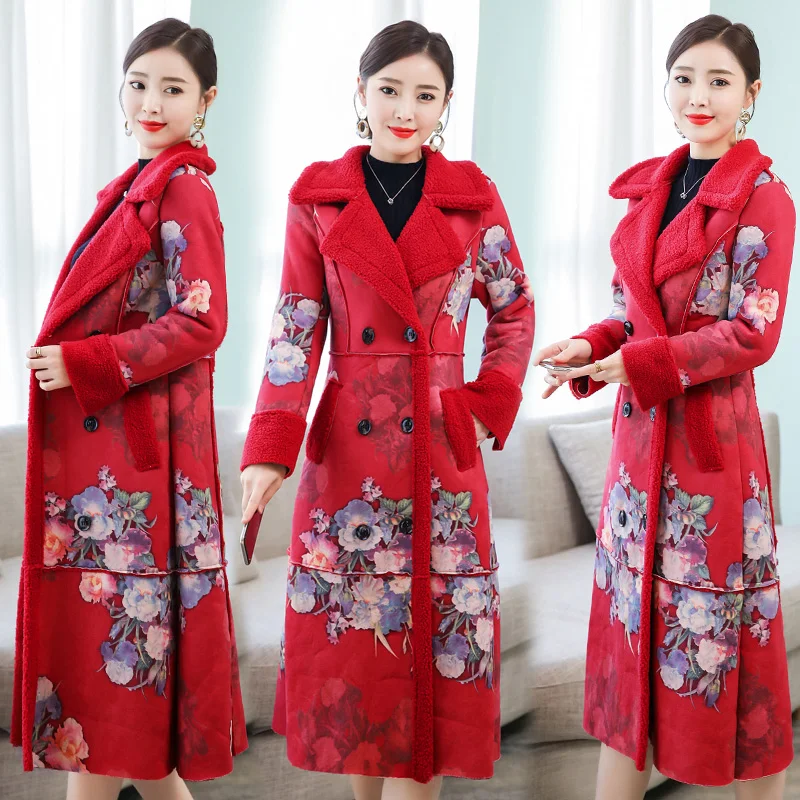 Goedkoop 2019 Rode lange Wollen jas vrouwen winter jassen kleding grote warme dikke parka jas bloemen elegante vintage vrouwelijke bovenkleding M 3XL