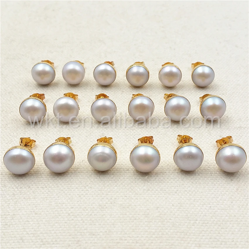 

WT-E304 Hot sale 10MM Natural freshwater pearl studs earrings, 24k resist tarnishable real pearl studs gold color earrings