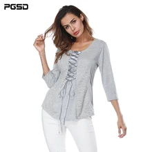 PGSD Autumn Three Quarter Sleeve Lace splicing Frenulum T-shirt Round neck sexy Tee shirt Pure color Female Repair body T-shirt sexy style jewel neck solid color voile splicing half sleeve t shirt for women