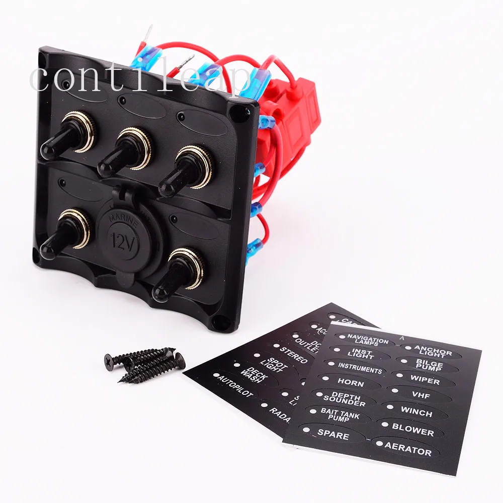 

Marine Electric Blue LED Toggle Switch Panel 5 Gang with Power Socket Panel 12V
