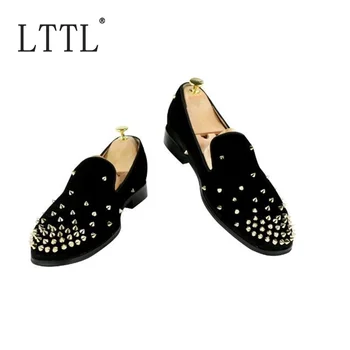 

LTTL Handmade Black Velvet Loafers Men Spikes Loafer Shoes Slip On Men's Rivets Shoes Brand Designer Men's Prom Shoes