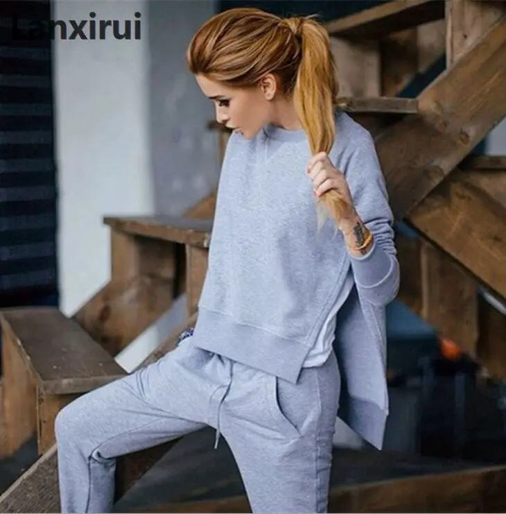 

2018 Fall Cotton 2 Piece Set Tracksuit Women Sets Asymmetrical Hoodies Set Side Split Sweat Suits Women Sweatshirts Outfit