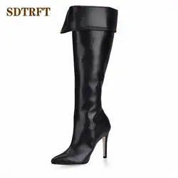SDTRFT/весенне-осенние ботфорты на шпильке 10 см, Сапоги выше колена на молнии, свадебная обувь, женские сапоги с острым носком, черный цвет