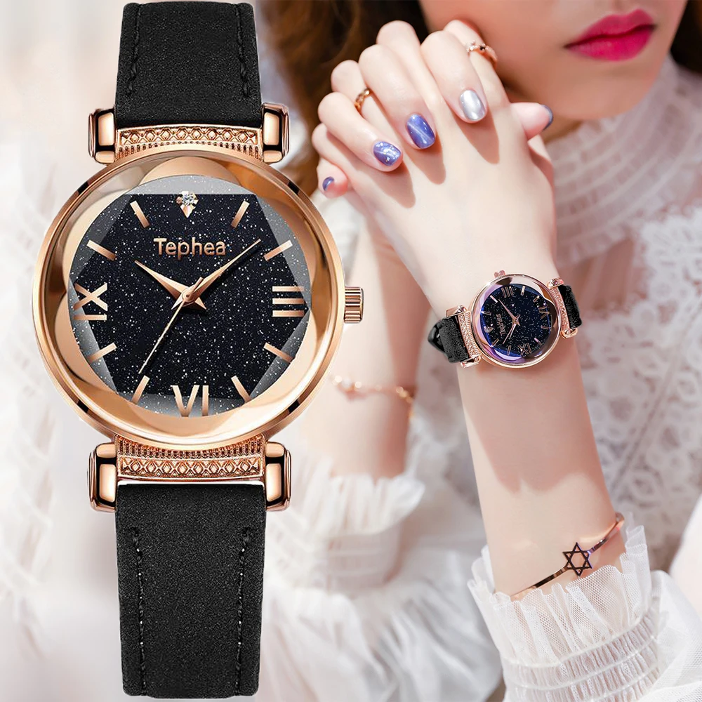 

Luxury Rose Gold Women WristWatch Fashion Leather Strap Ladies Watch Flower Surface Starry Sky Clock Roman Numeral Drop Shipping