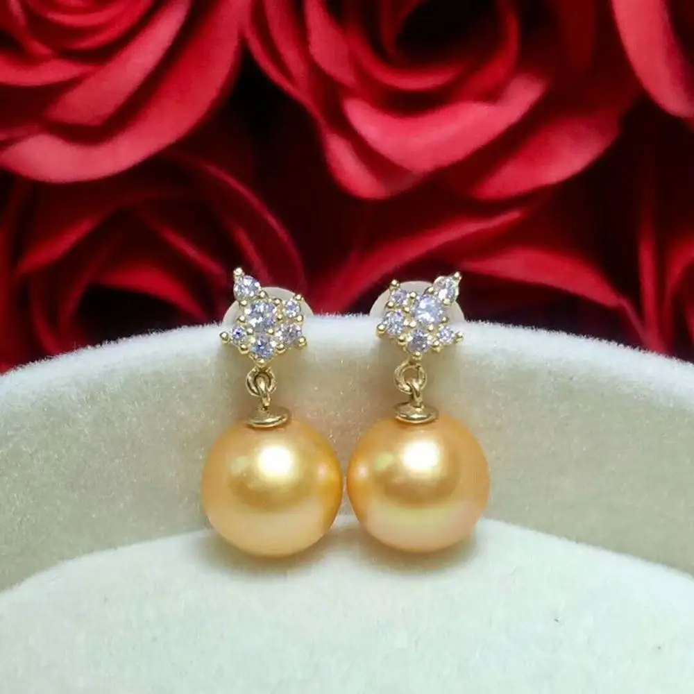

charming 8-7mm natural Australian south sea golden pearl earrings 14k