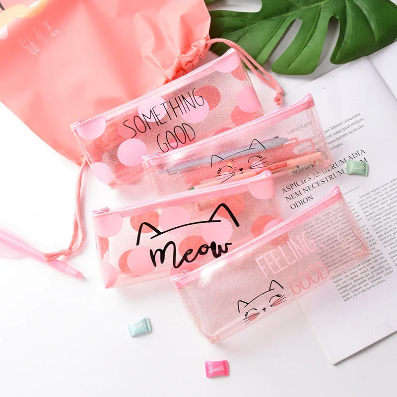 

Novelty Pencil Bag Cat Pencilcase PVC Transparent Pink Pencil Case Box Pen Bag For Girls Office School Supply Korean Stationery