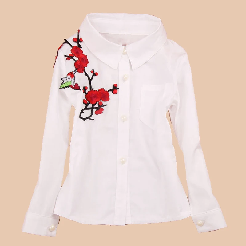 

Chinese Style Blouses For School Uniforms Cotton Floral White Shirts For Girls Children Clothing 2 3 5 7 8 9 11 13 14 Years Tops