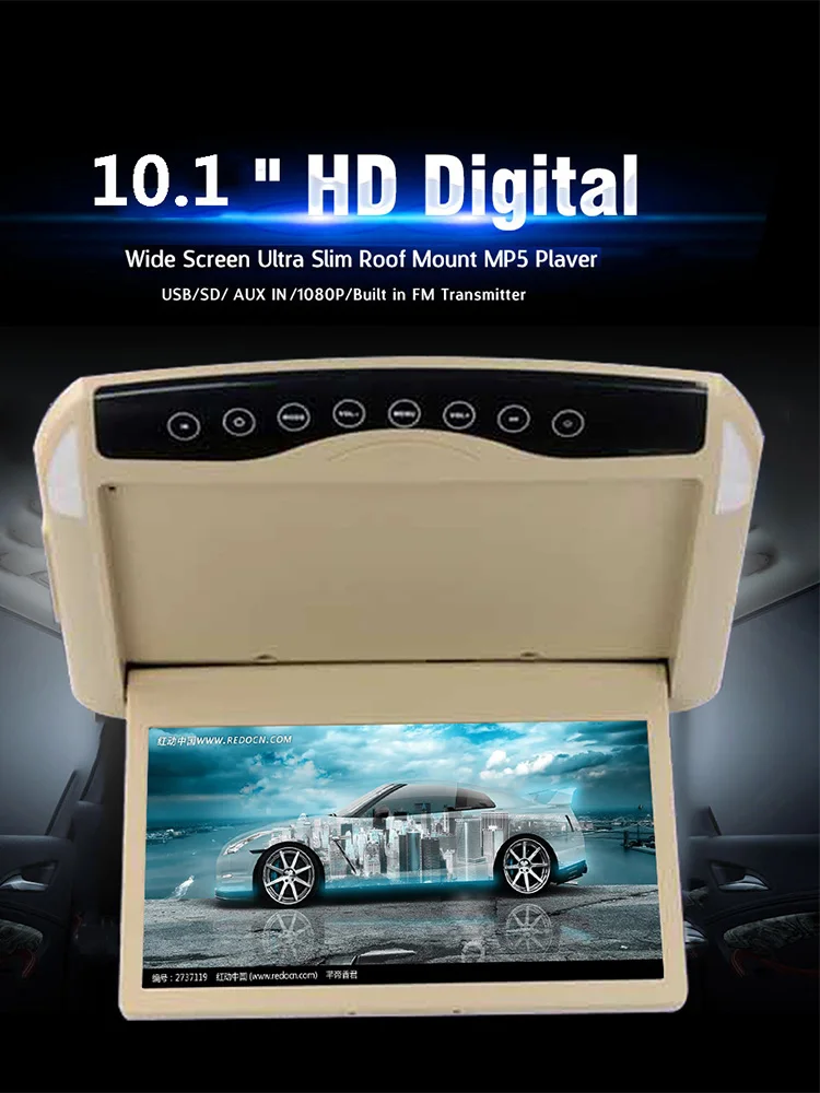 Car Family 10.1 Inch HD 1080P Video Car Monitor Ceiling Roof Mount LCD TFT Flip Down MP5 Player/USB/SD/FM Transmitter/Speaker