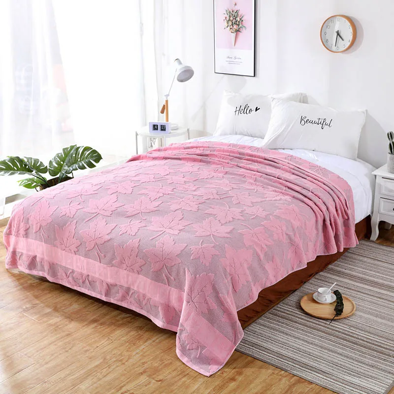 Летнее Хлопковое одеяло, однотонное розовое и голубое полотенце, покрывало для кровати, покрывало для королевы, кровати, покрывало s для школы, дивана, дома - Цвет: Pink Maple Leaf