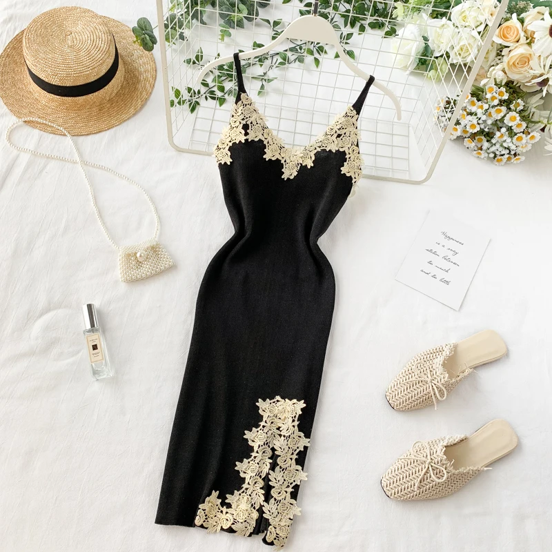 

2019 new fashion women's dresses French splits sexy lace v-neck waist strap dress female