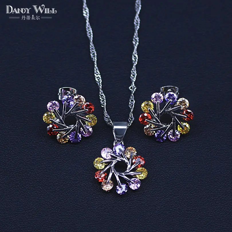 925 пробы серебряная бижутерия набор цветок красочные разноцветные камни серьги ожерелье кулон браслет - Окраска металла: Three Piece