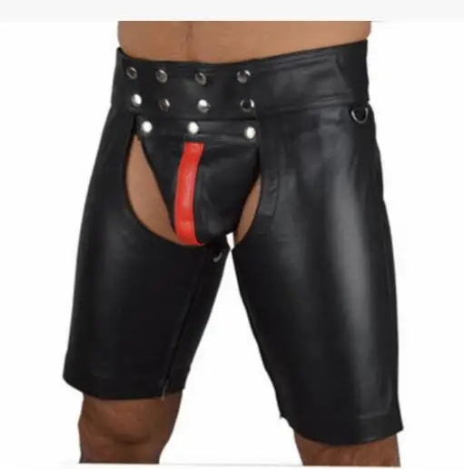 S-2XL New Buckle Hot Black Mens PVC Bandage Open Cortch Shorts Gothic Fetish Gay Men Faux Leather Jockstrap Penis Pocket Pants