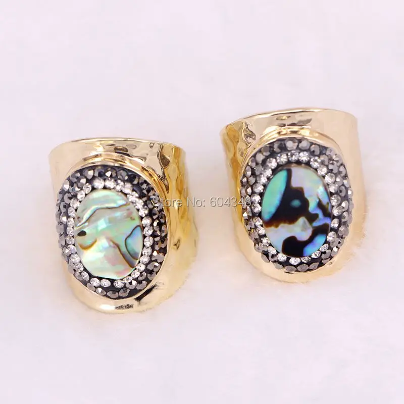 

5pcs ZYZ131-3153 Nature Abalone Shell Cuff Ring, Pave Crystal Zircon Rainbow Shell Rings, Statement Rings