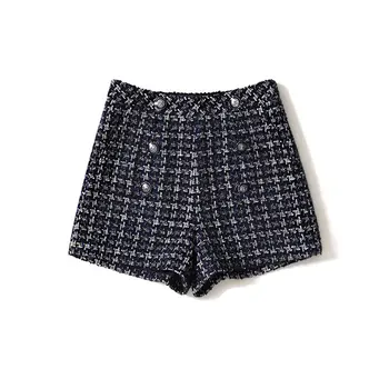 

Spring Autumn 2019 New High Waist Houndstooth Tweed Shorts Retro Chic Woolen Buttons Wide Leg Womens Shorts XS-XL Y165