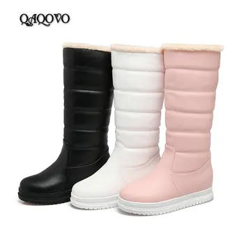

2019 Winter Mid-Calf Boots Women Flat Heel Knee High Boots Winter Plus Warm Snow Boots Slip On Ladies Shoes White Black Pink