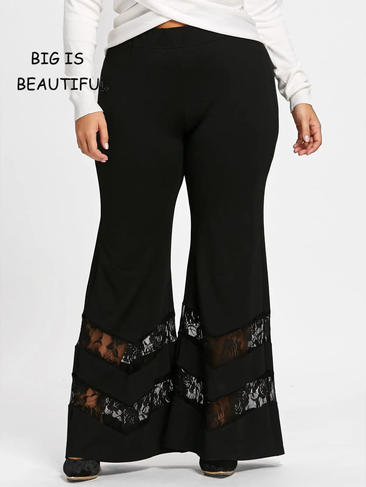 

Plus Size Women Wide Leg Pants Ladies Over Size Flare Leg Pants Elastic Waist Female Big Size Bell Bottom Pants Lace Combo
