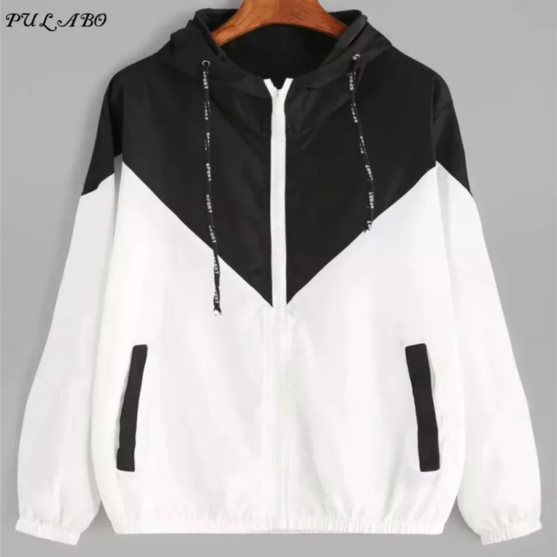 

Spring Autumn Hooded Jacket Harajuku Zipper Pockets Bomber Womens Jackets Casual Color Block Coats Streetwear Outwear Clothes