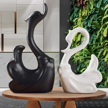 

White and black couple ceramic swan art ornaments home decor handicrafts aniaml porcelain figurines wedding decoration
