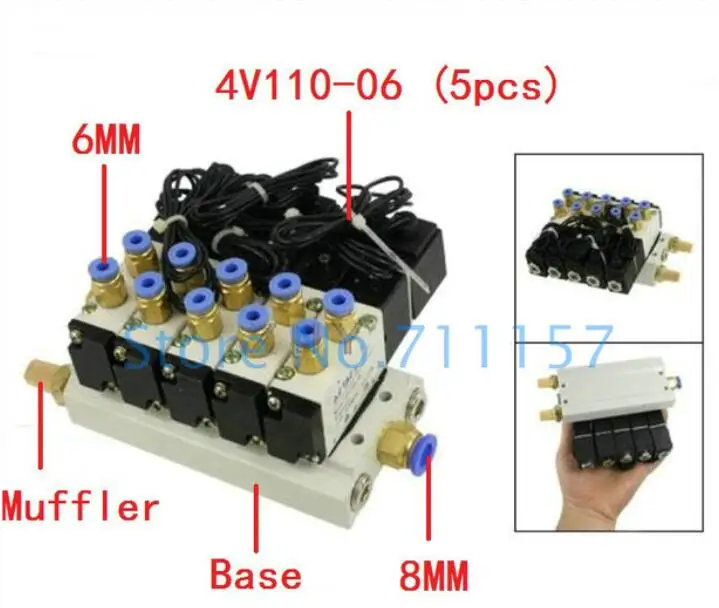 Мульти опция 4V110-06 электромагнитный клапан блок с глушителем монтажный базовый коллектор DC 12v 24v AC 110v 220v 2 10 Way - Цвет: 5 way type A