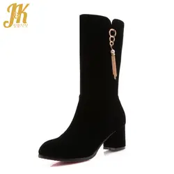 JK/Сапоги до середины икры женские ботинки с круглым носком Дамская обувь на высоком металлическом каблуке Женская обувь из флока на молнии