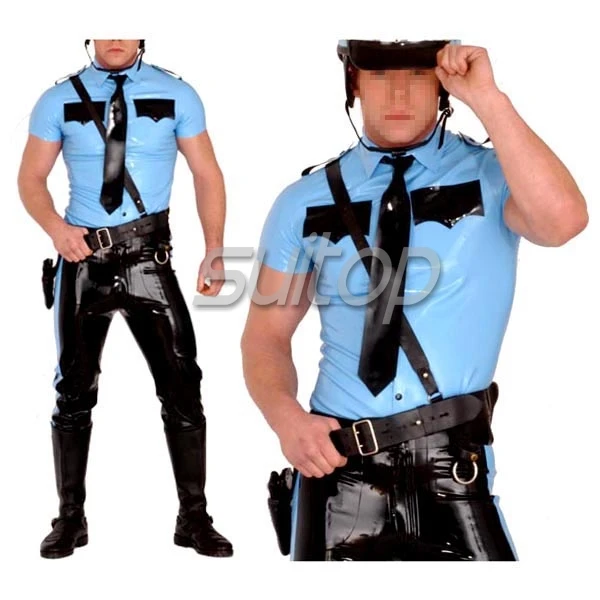Police man rubber uniforms shirt and pants latex costumes military set not including belt SUITOP customised