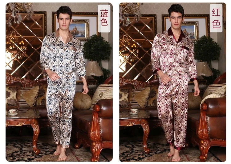 mens satin pajama set Men's Long Sleeve Silk Homewear Male Spring Summer Long Sleeves Pyjamas Lapel Handsome Luxurious Silk Nightwear 2pcs D-2183 soft cotton pyjamas