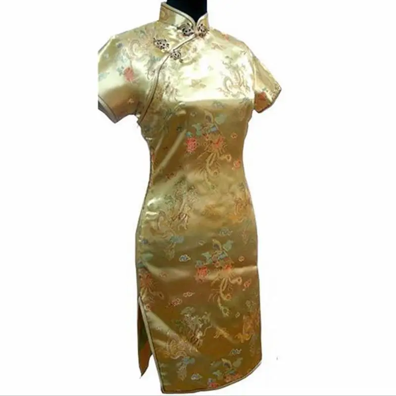 Большие размеры, короткое Qipao, новинка, женское платье из вискозы, элегантное тонкое китайское платье, воротник-стойка, винтажное платье чонсам, Vestidos, S-6XL - Цвет: Gold 3