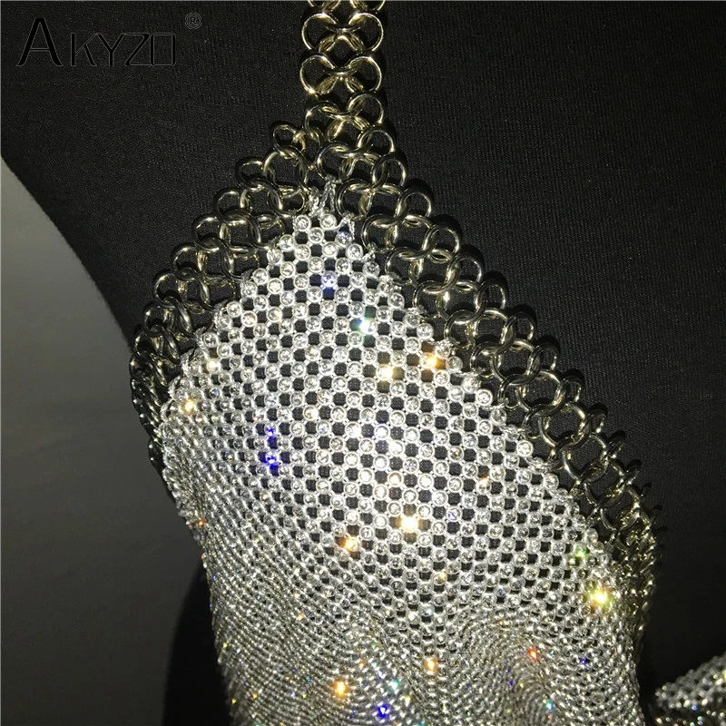 AKYZO Women Backless Luxury Rhinestone Camis Crop Top Fashion Chunky Metal Chain Diamond Hollow Out Plunge Halter Tank Tops