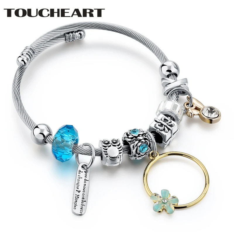 

TOUCHEART Blue Flower & Owl Cuff Bracelets Bangles Charms For Girls & Women Silver Manchette Stainless Steel Bracelets SBR180111