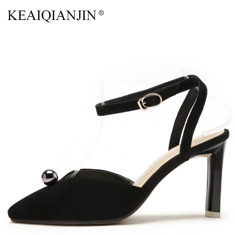 

KEAIQIANJIN Woman Genuine Leather String Bead Sandal Fashion Sexy Black Party Shoes Summer Plus Size 33 Aprico Gladiator Sandals