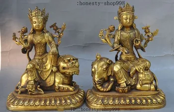 

Christmas China Bronze Gilt Wenshu Puxian Kwan-yin Bodhisattva Ride Elephant Lion Statue Halloween