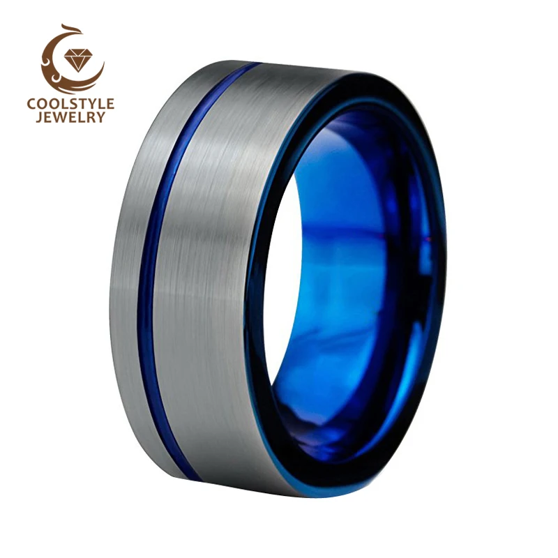 

10mm men's women's blue plated tungsten carbide wedding band offset line silver brushed ring comfort fit