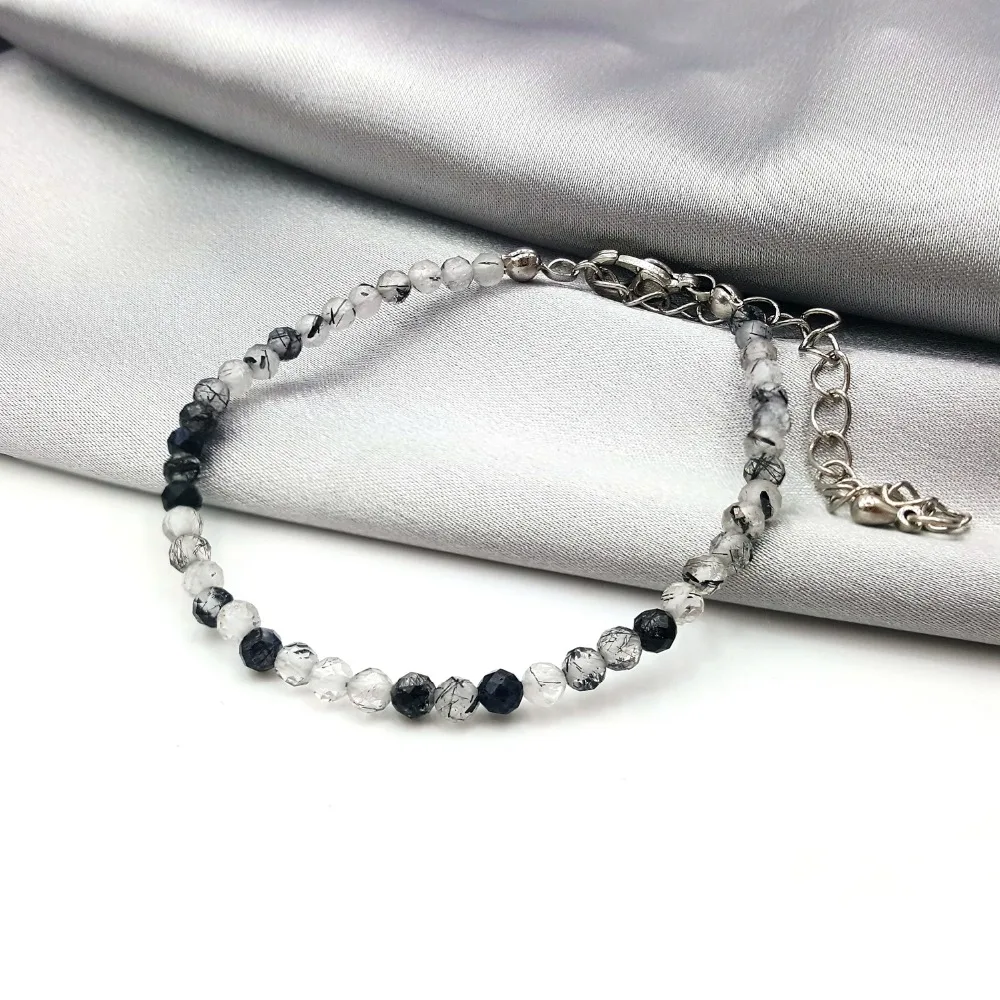 

new MM 925 sterling silver Fashion Bracelet Natrual black tourmaline quartz 2-3MM 7''