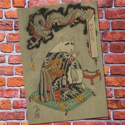 Винтажный плакат ретро настенная художественная наклейка картина для гостиной украшение для спальни принт картина Японский кот Самурай тату Кот - Цвет: Фиолетовый