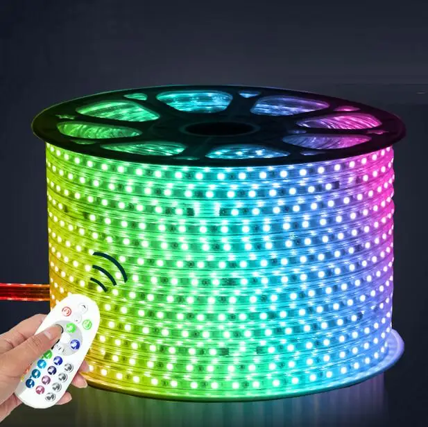 220 В Светодиодные ленты 5050 50 м 100 м IP67 Водонепроницаемый RGB двойной Цвет веревки для наружного освещения с РФ дистанционного контроллер DHL