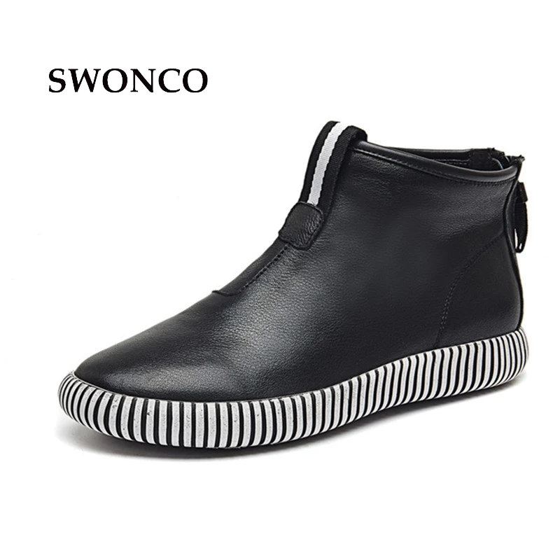 

SWONCO Women's Ankle Boots 2018 Autumn Genuine Leather Soft Bottom Female Boot Ankle Boots For Women Flat Zipper Woman Shoes