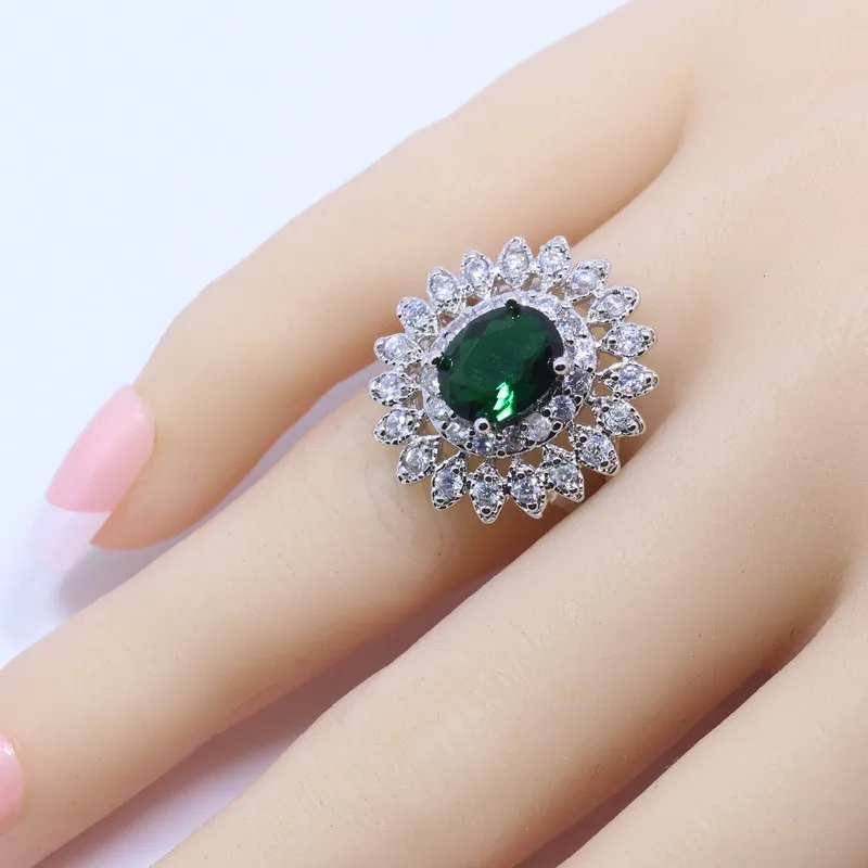 Модный 925 Серебряный цветок зеленый циркониевый белый кристалл набор украшений для женщин кольцо Размер 6#7#8#9#10# T156