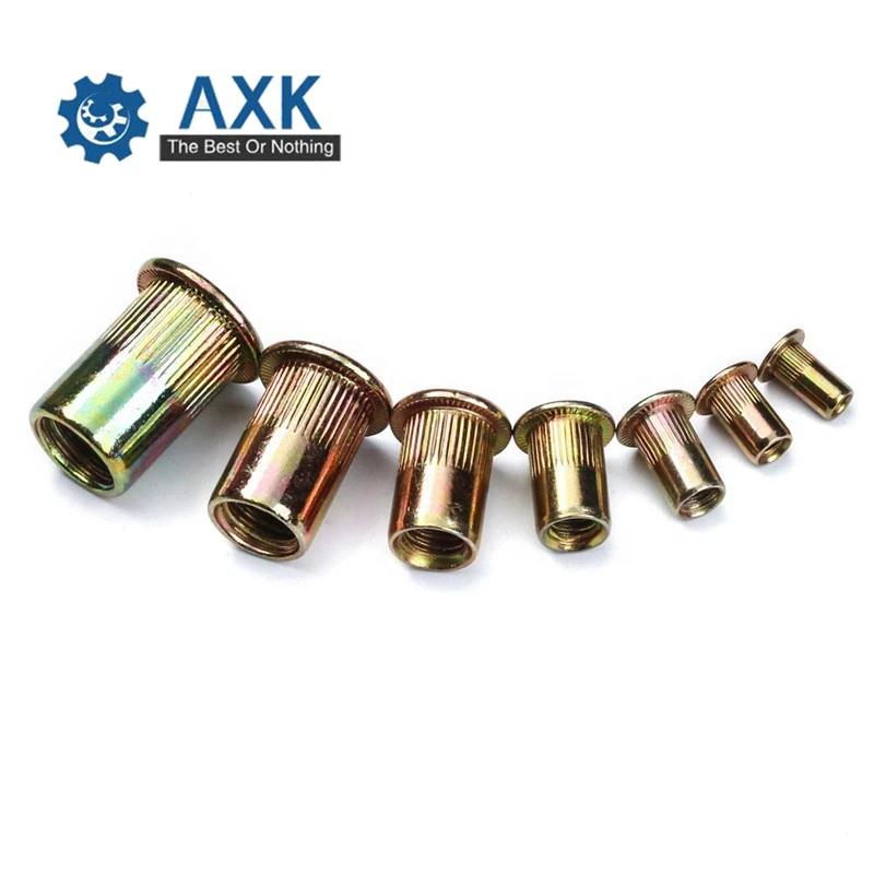 120Pcs/set M4 M5 M6 M8 M10 Zinc Plated Knurled Rivnut Flat Head Threaded Rivet Wood Insert Cap Furniture Nut Assortment Kit