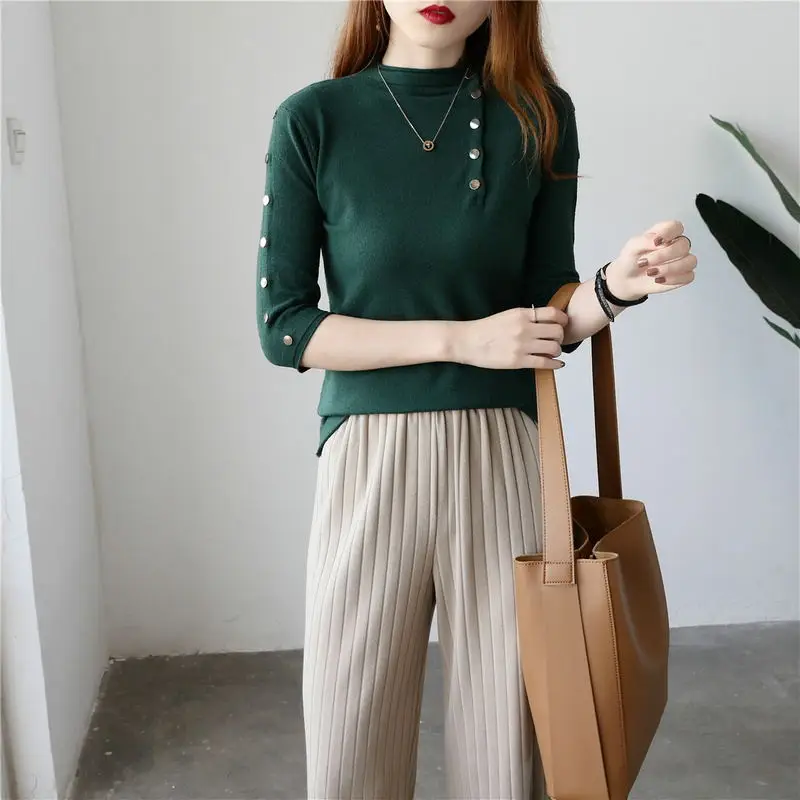 

Cashmere sweater with buttons Fashion Sweater Seven-Quarter Sleeve Solid Cashmere Sweater Pullover Women Comfortable Sweater