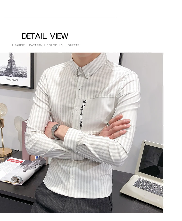 Camisa Весна Новая мода Tide уличная Мужская саморазвитие полоса орфографический Материал Мужская рубашка social masculina черный