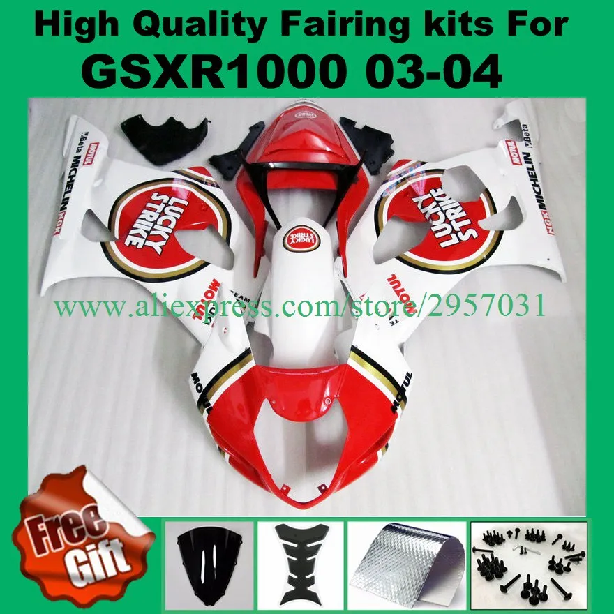 Fit Впрыска обтекатели, пригодный для SUZUKI GSXR1000 2003 2004 GSX-R1000 03 04 K3 K4 GSX-R 1000 Обтекателя lucky strike красный белый