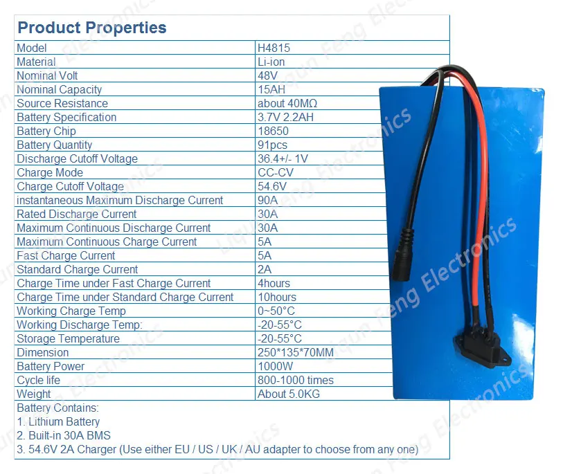 Discount 48V 15AH Battery Pack 48V 15AH 1000W Ebike E-scooter Lithium ion Battery 30A BMS and 42V 2A Charger Free Customs Tax 1