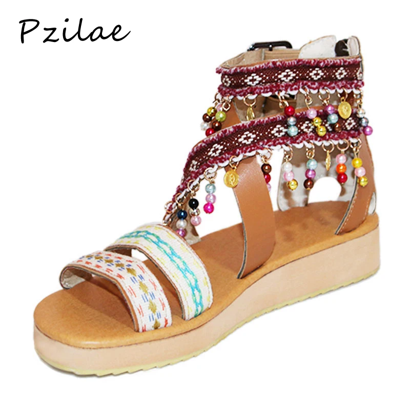 

Pzilae sandal flat shoes open toe platform sandal wedges shoes for women sandale sexy string bead multicolor summer shoes woman