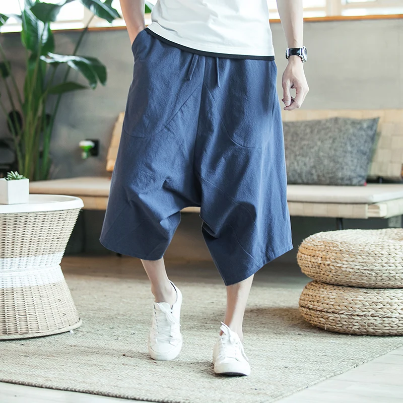 

Hip Hop Summer Street Loose Men Capri Pants Linen Cotton Harem Pants Wide Leg Comfortable Male Short Trouser Beachwear Plus Size