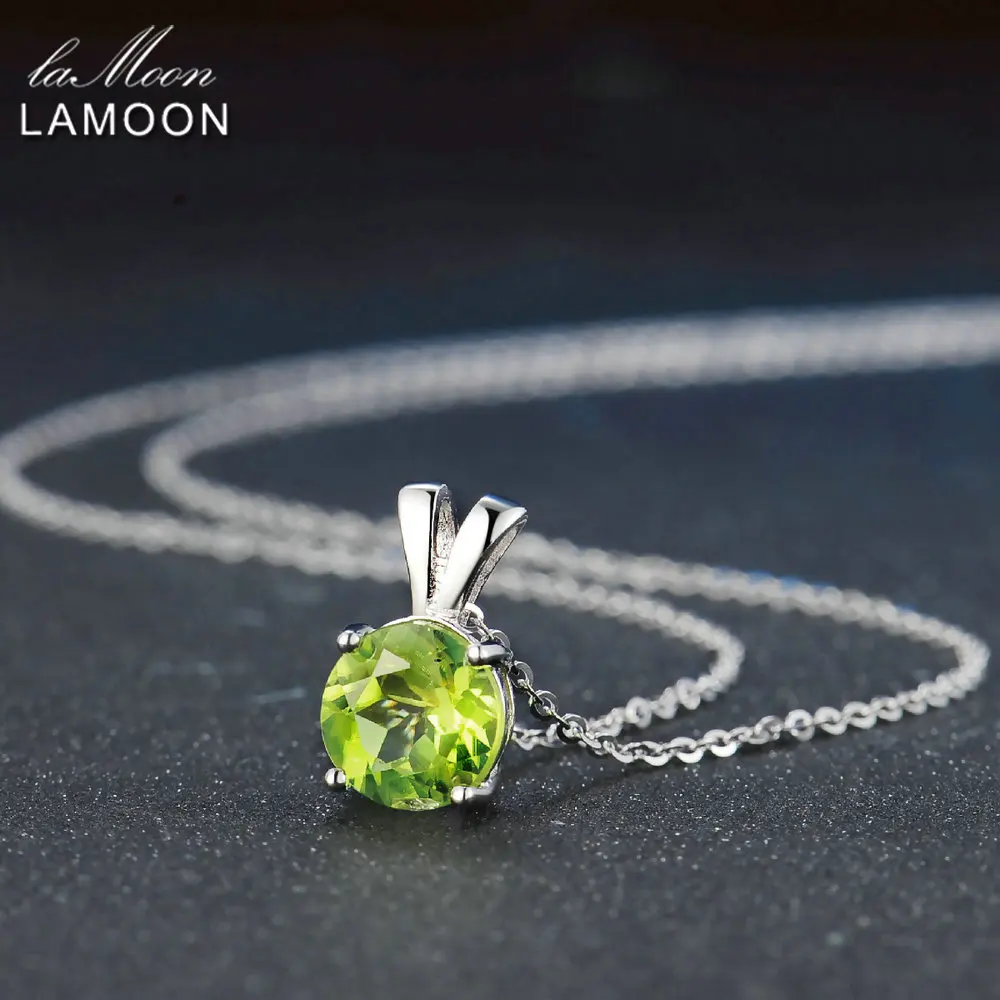 Lamoon 8mm Natural Round Cut Peridot Sterling Silver Simple Pandent Chain Necklace Women Jewelry S925 LMNI057